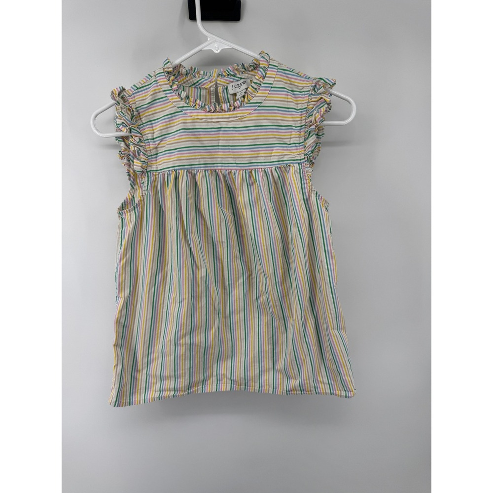 J.Crew Womens Ruffle Neck Sleeveless Striped Cotton Blouse Multi Color Size 0 - Picture 1 of 5